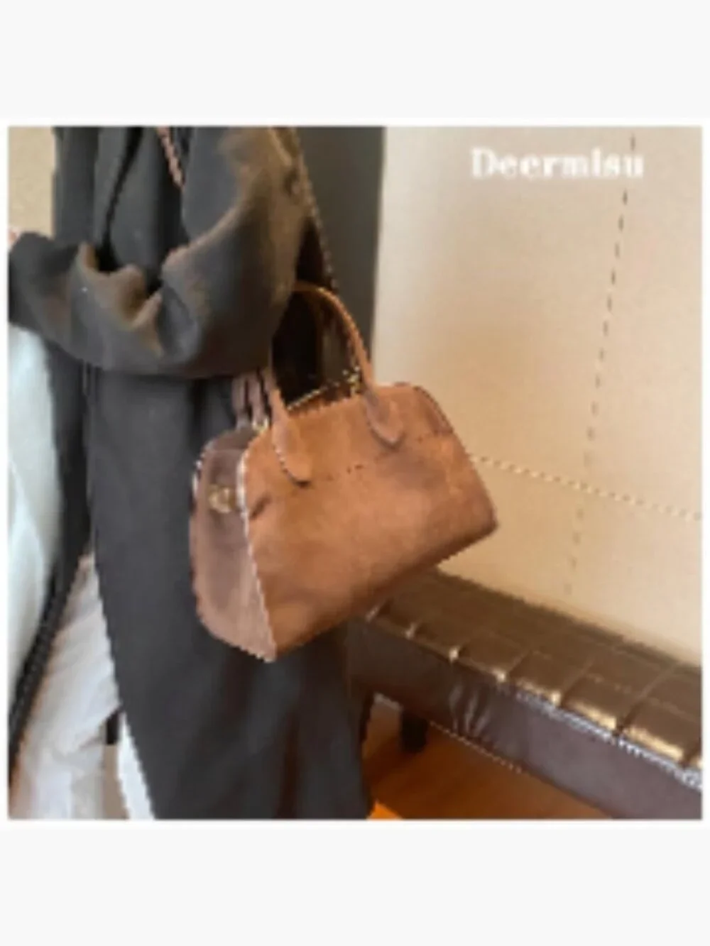 Faux Suede Tote Bag with Detachable Strap - Satchel Handbag